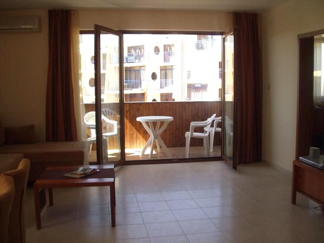 Door to balcony with views over the pool and to Nessebar